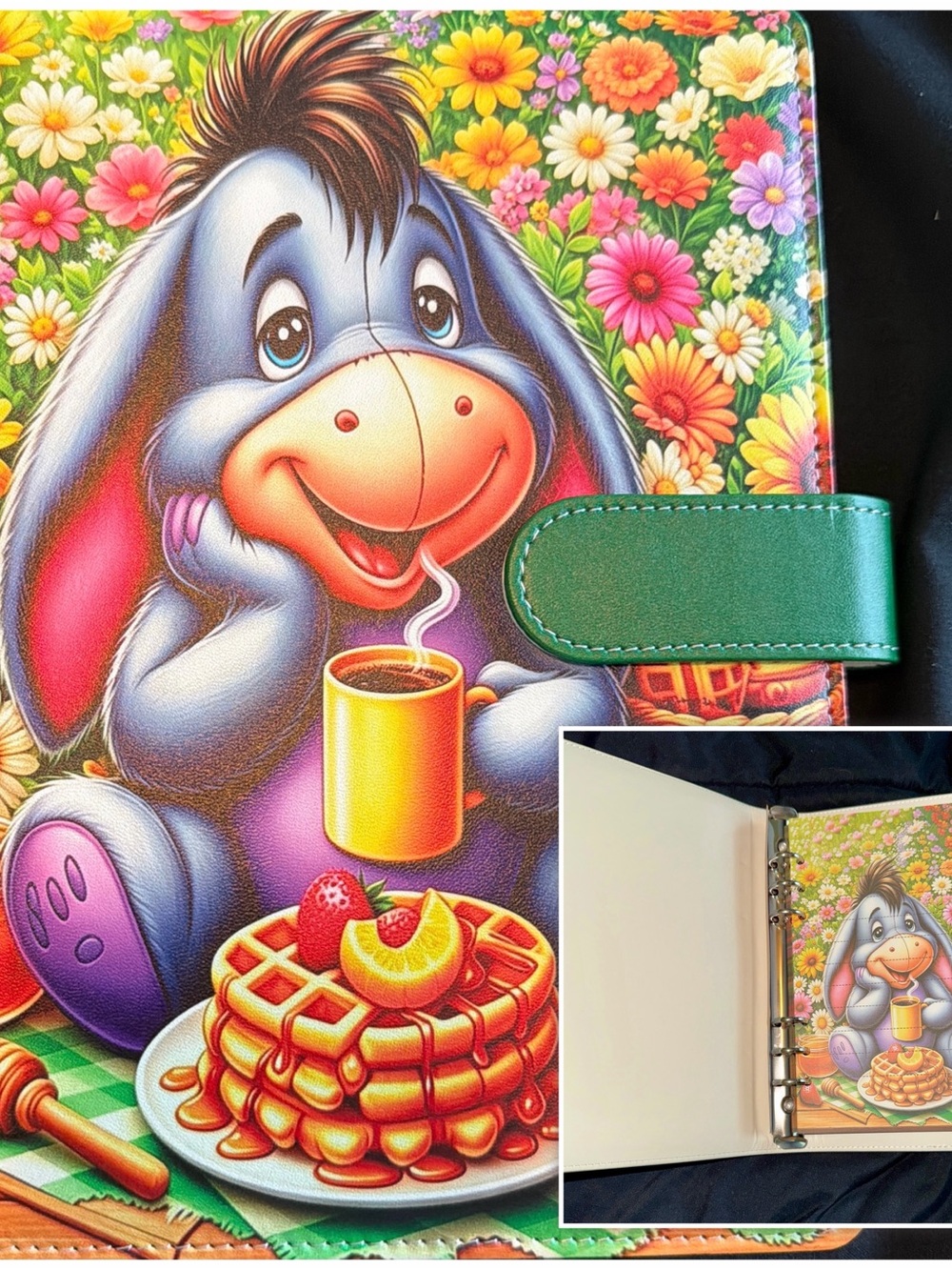 Cute Donkey Floral planner  with Waffles and Coffee - Green Strap